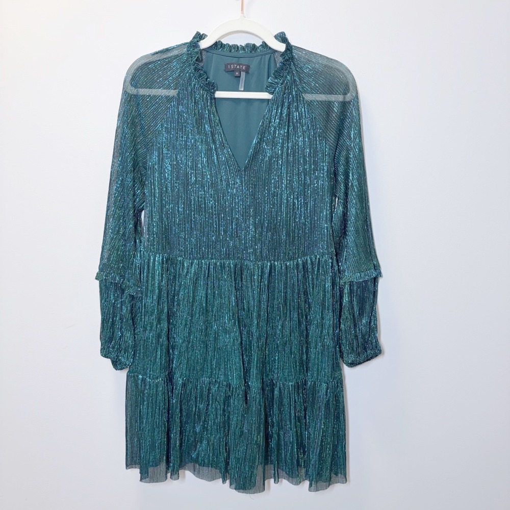 1.STATE Womens Teal Metallic Pleated Tiered Mini Dress Long Sleeve V-Neck Sz S